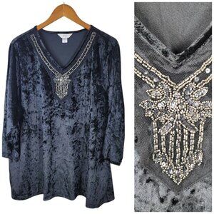 NEW CJ Banks Velvet Top Plus 2X Velour Romantic Black Beaded Event Split Sleeve
